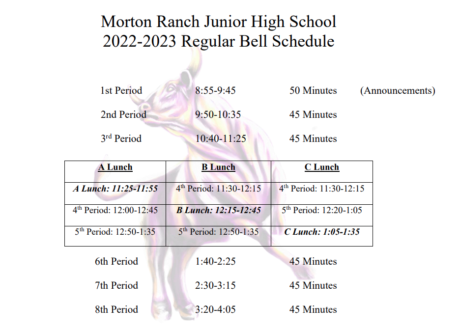 Morton Ranch Junior High School 2022-2023 Regular Bell Schedule  1st Period 8:55-9:45 50 Minutes (Announcements) 2nd Period 9